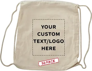 DISCOUNT PROMOS 50 Cotton Drawstring Bags Set - Customizable Text, Logo - Durable, Minimalist, Simple, Reusable - Natural