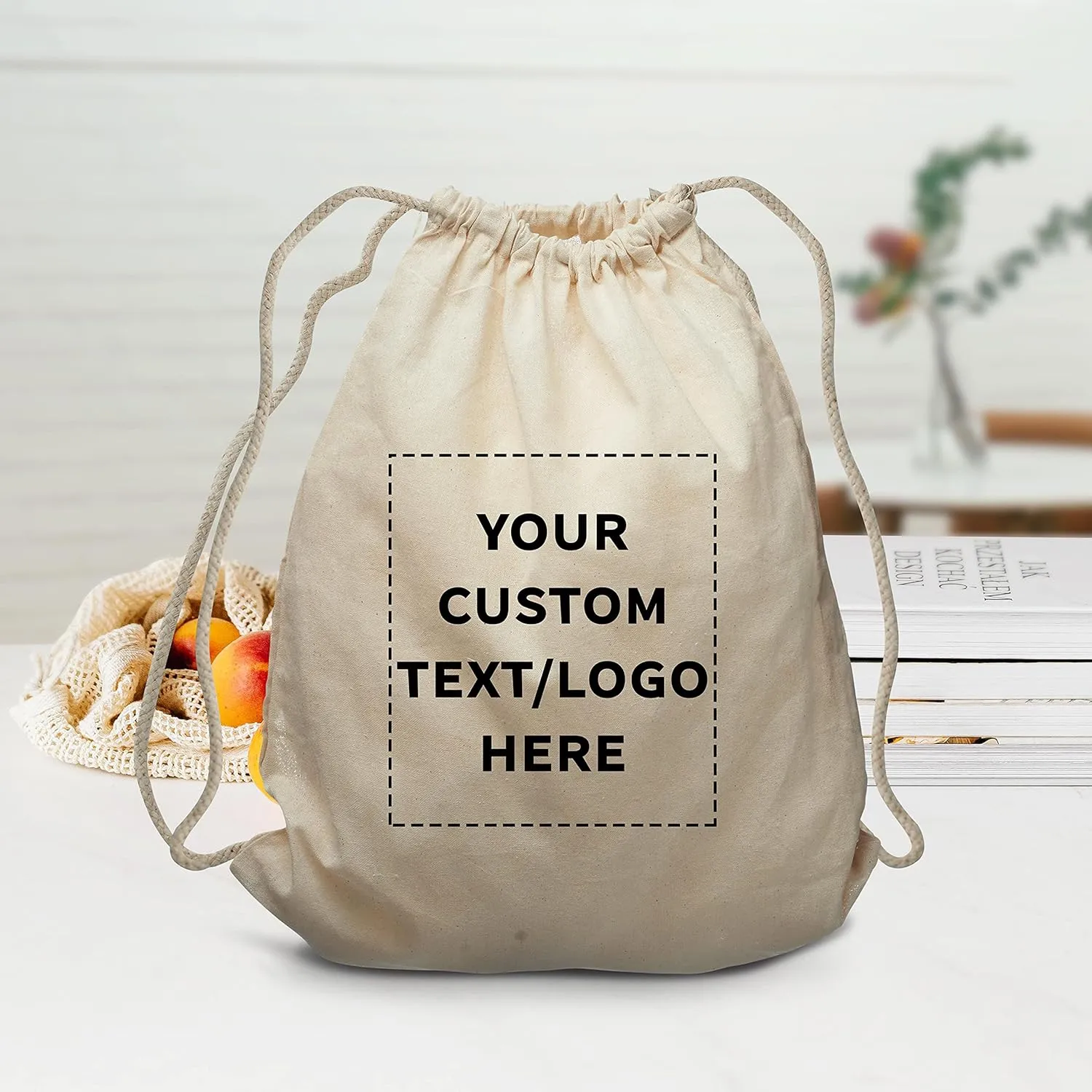 DISCOUNT PROMOS 50 Cotton Drawstring Bags Set - Customizable Text, Logo - Durable, Minimalist, Simple, Reusable - Natural