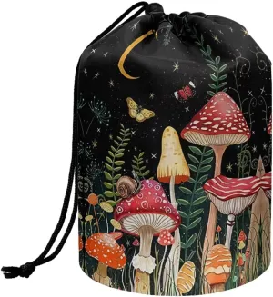 doginthehole Moon Mushroom Cosmetic Bag Barrel Makeup Bag for Women and Girls Portable Drawstring Toiletry Bag Collapsible Toiletry Bucket Bags Travel Storage Pocket