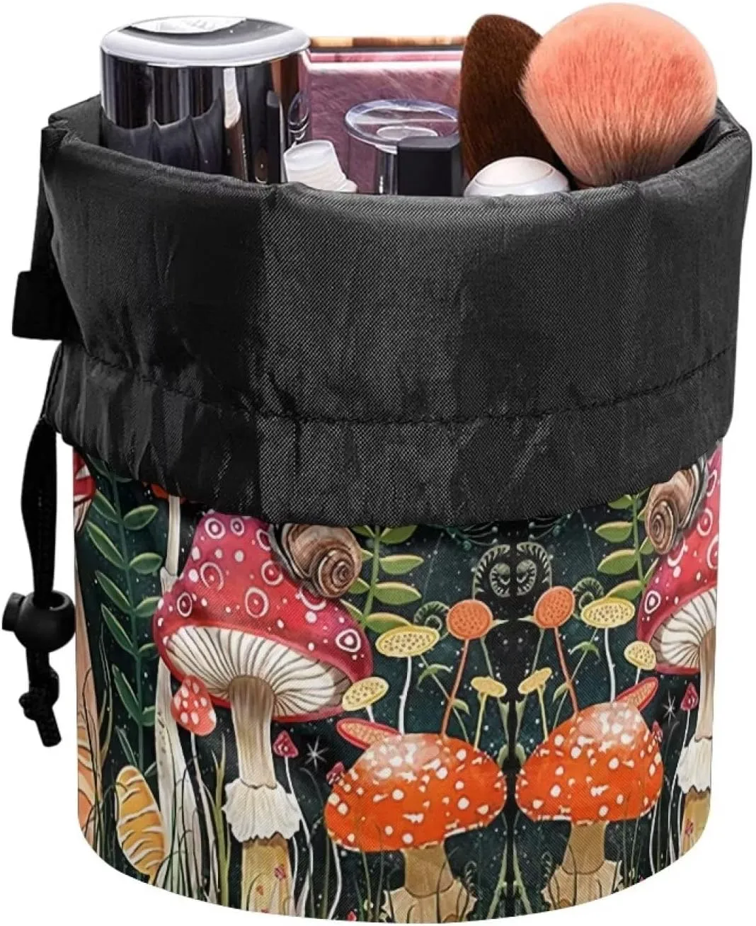 doginthehole Moon Mushroom Cosmetic Bag Barrel Makeup Bag for Women and Girls Portable Drawstring Toiletry Bag Collapsible Toiletry Bucket Bags Travel Storage Pocket