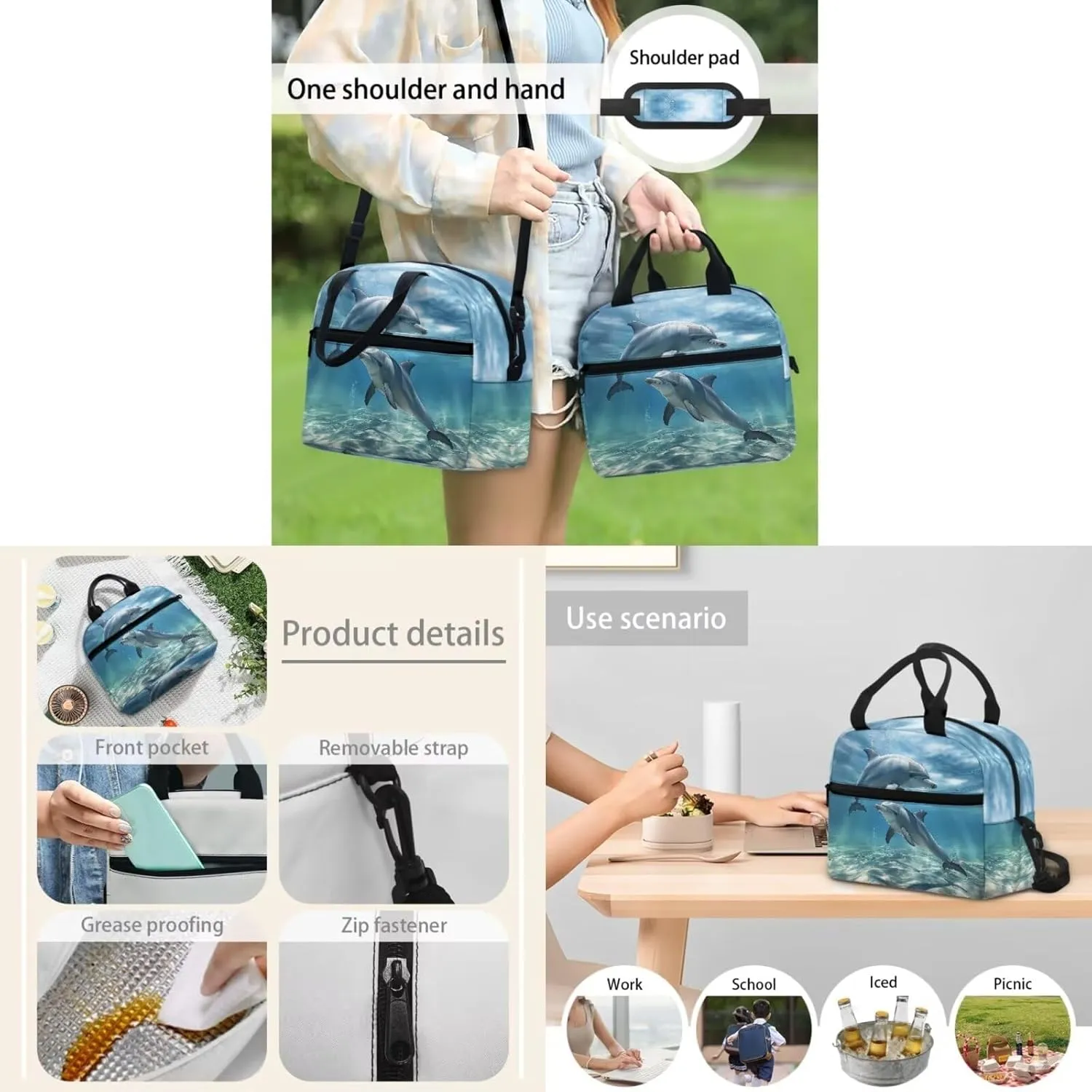 Dolphin Backpacks for Middle School Girls 7th Grade Fashion Backpacks with Lots Of Pockets Insulated Lunch Bag Small Kids and Pencil Case for School Students