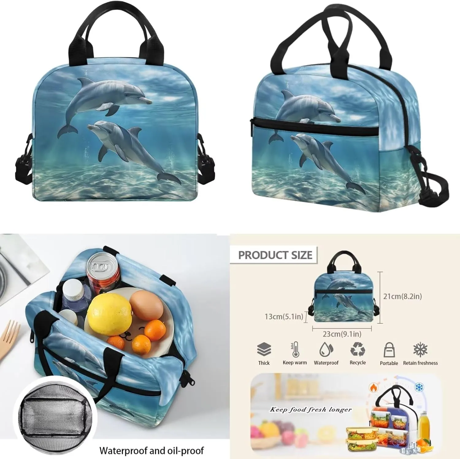 Dolphin Backpacks for Middle School Girls 7th Grade Fashion Backpacks with Lots Of Pockets Insulated Lunch Bag Small Kids and Pencil Case for School Students
