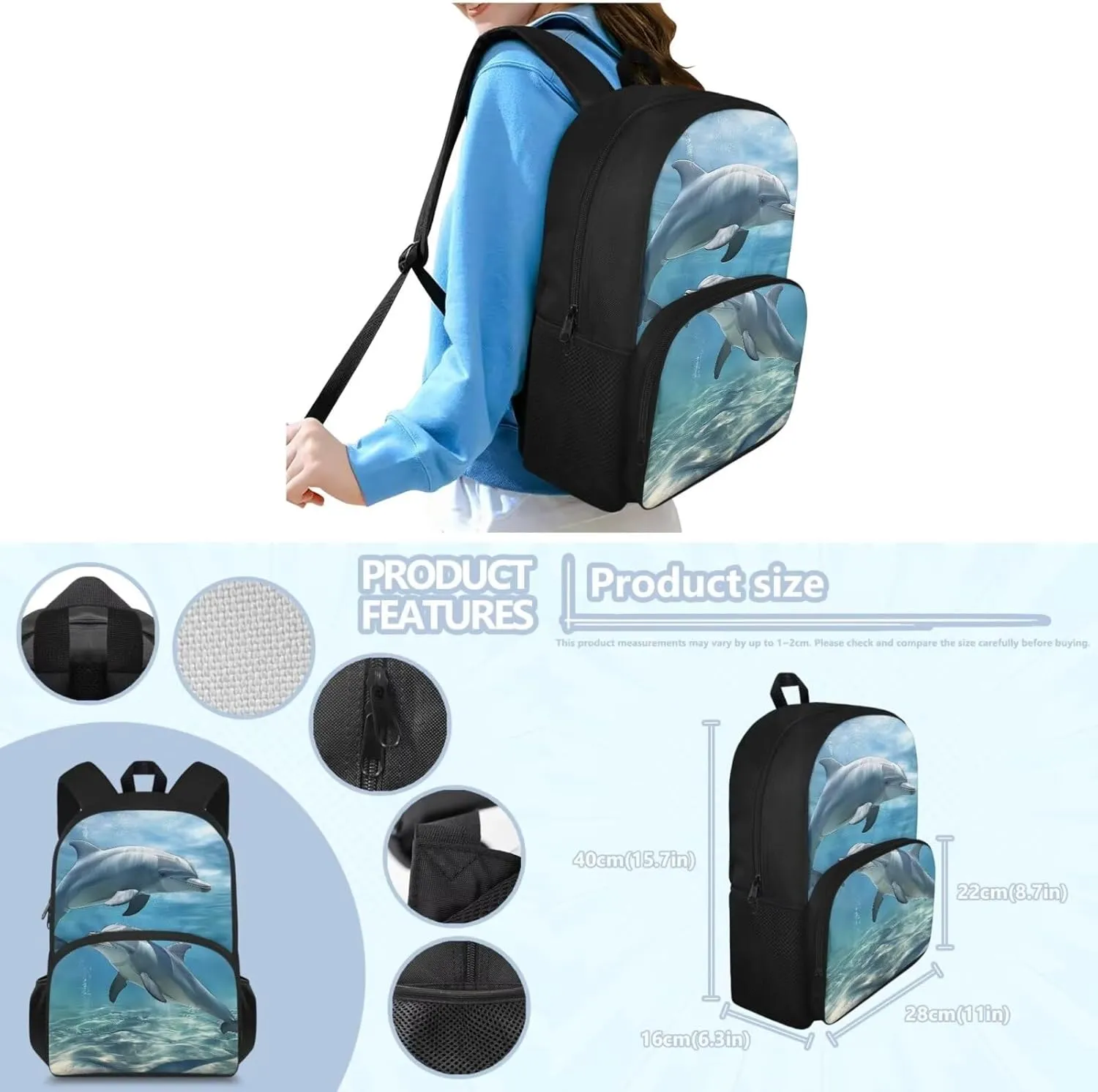 Dolphin Backpacks for Middle School Girls 7th Grade Fashion Backpacks with Lots Of Pockets Insulated Lunch Bag Small Kids and Pencil Case for School Students
