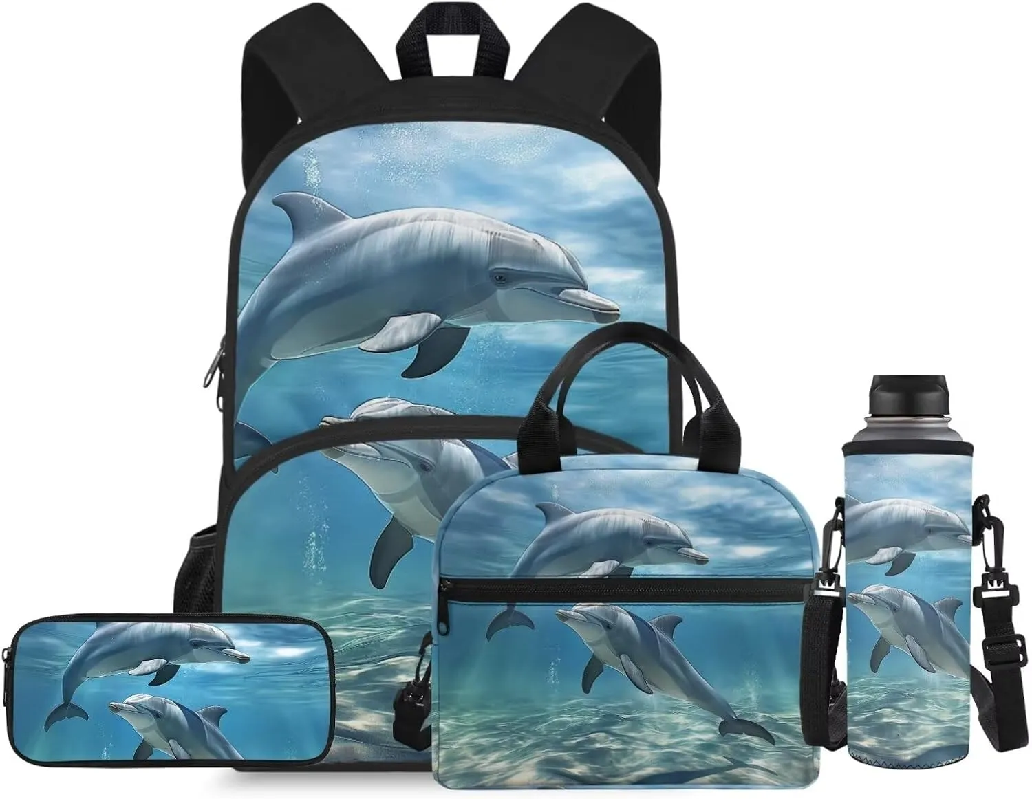 Dolphin Backpacks for Middle School Girls 7th Grade Fashion Backpacks with Lots Of Pockets Insulated Lunch Bag Small Kids and Pencil Case for School Students