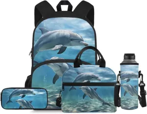 Dolphin Backpacks for Middle School Girls 7th Grade Fashion Backpacks with Lots Of Pockets Insulated Lunch Bag Small Kids and Pencil Case for School Students