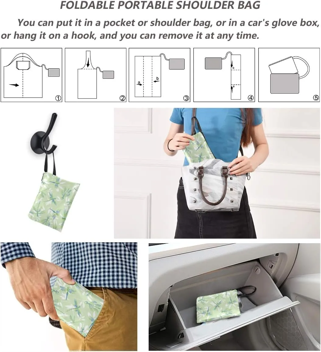 Dragonflies With Lace Design Wings Reusable Grocery Bags, Large Foldable Shopping Bags Tote Bags, Eco-Friendly Produce Bags with Long Handle, Foldable Into Pouch
