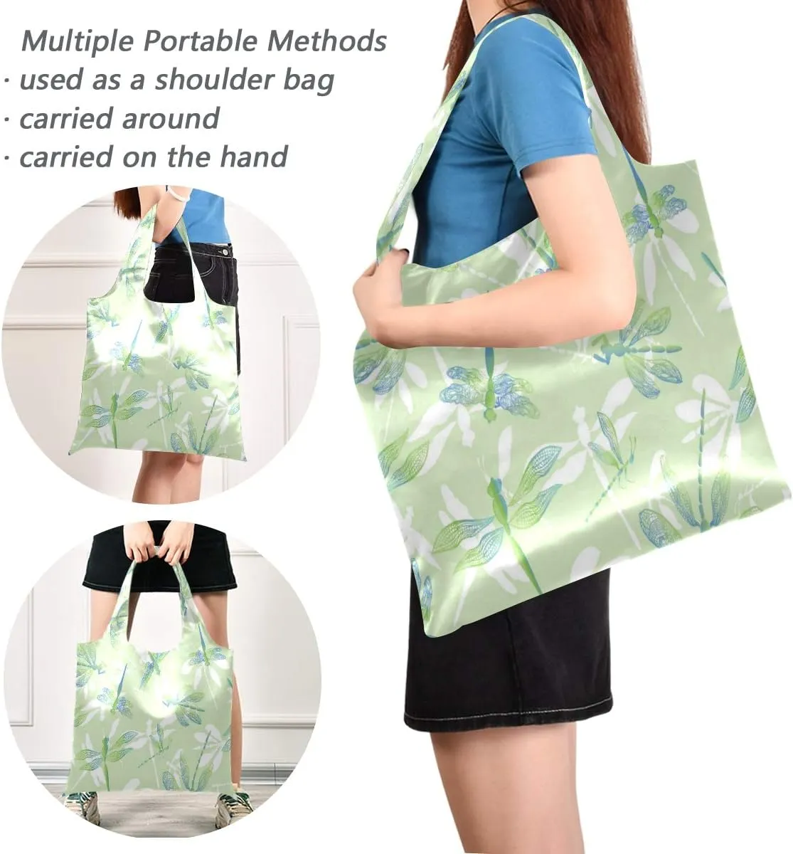 Dragonflies With Lace Design Wings Reusable Grocery Bags, Large Foldable Shopping Bags Tote Bags, Eco-Friendly Produce Bags with Long Handle, Foldable Into Pouch