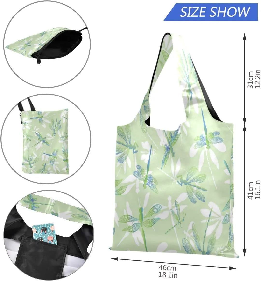 Dragonflies With Lace Design Wings Reusable Grocery Bags, Large Foldable Shopping Bags Tote Bags, Eco-Friendly Produce Bags with Long Handle, Foldable Into Pouch