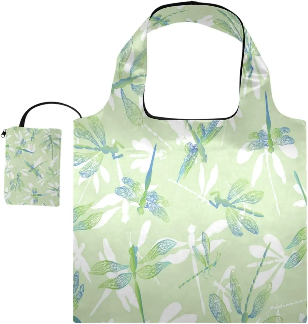 Dragonflies With Lace Design Wings Reusable Grocery Bags, Large Foldable Shopping Bags Tote Bags, Eco-Friendly Produce Bags with Long Handle, Foldable Into Pouch