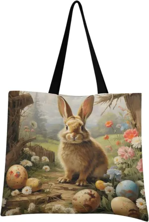 Easter Bunny Eggs Cute Rabbit Tote Bag for Women Canvas Shoulder Handbags Reusable Grocery Bags Large Purse with Inner Pocket 214a6433
