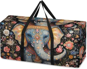 Ethnic Elephant Extra Large Moving Bags Heavy Duty Storage Bags Colorful Elephant Cloth Wrap Around Handles Double Zipper Reusable Convenient Foldable Storage Tote for Travel Camping Space Save