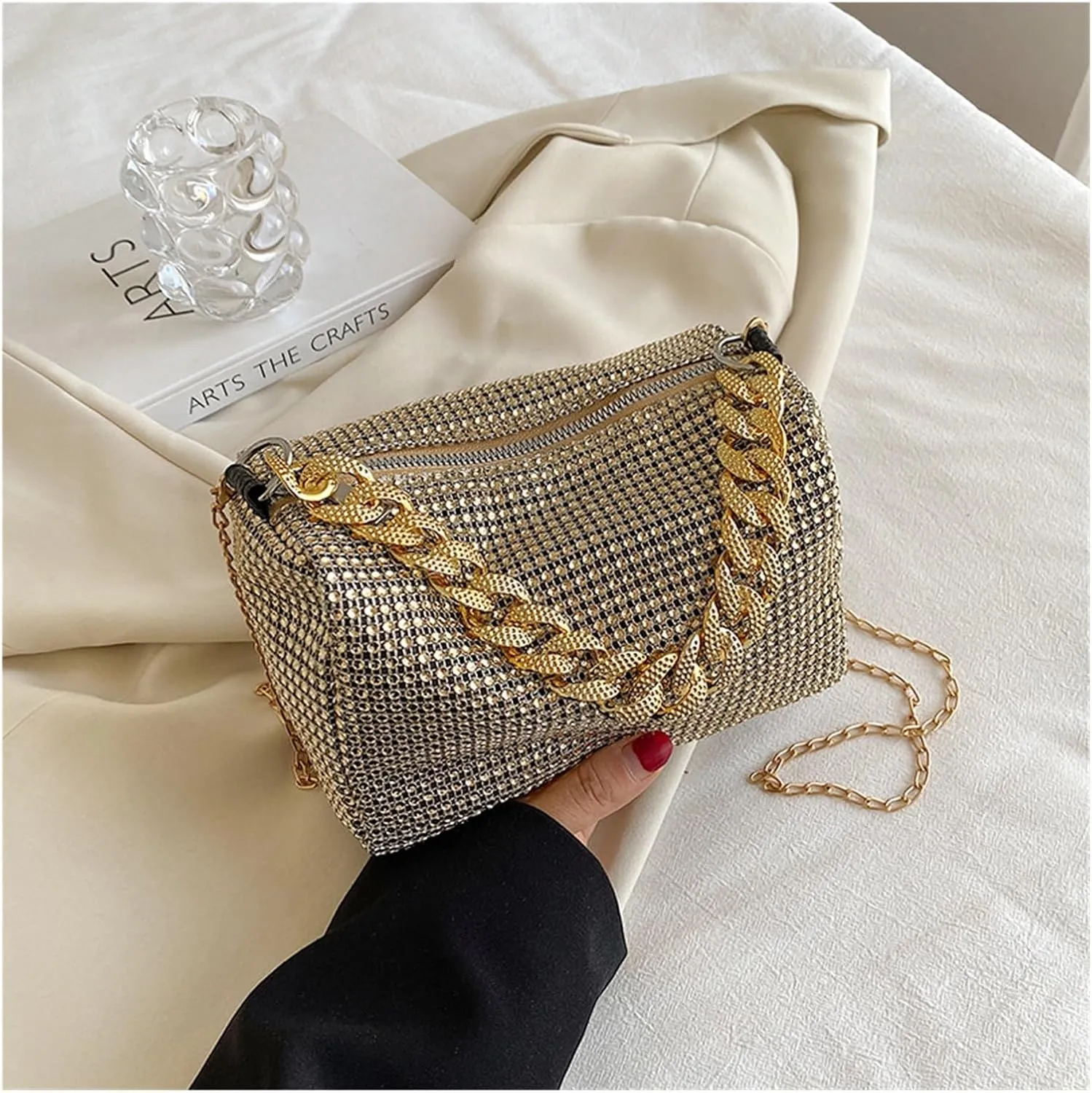 Evening Bag Glitter Rhinestone Evening Bag Shining Evening Clutches Handbag Party Purses(Gold)