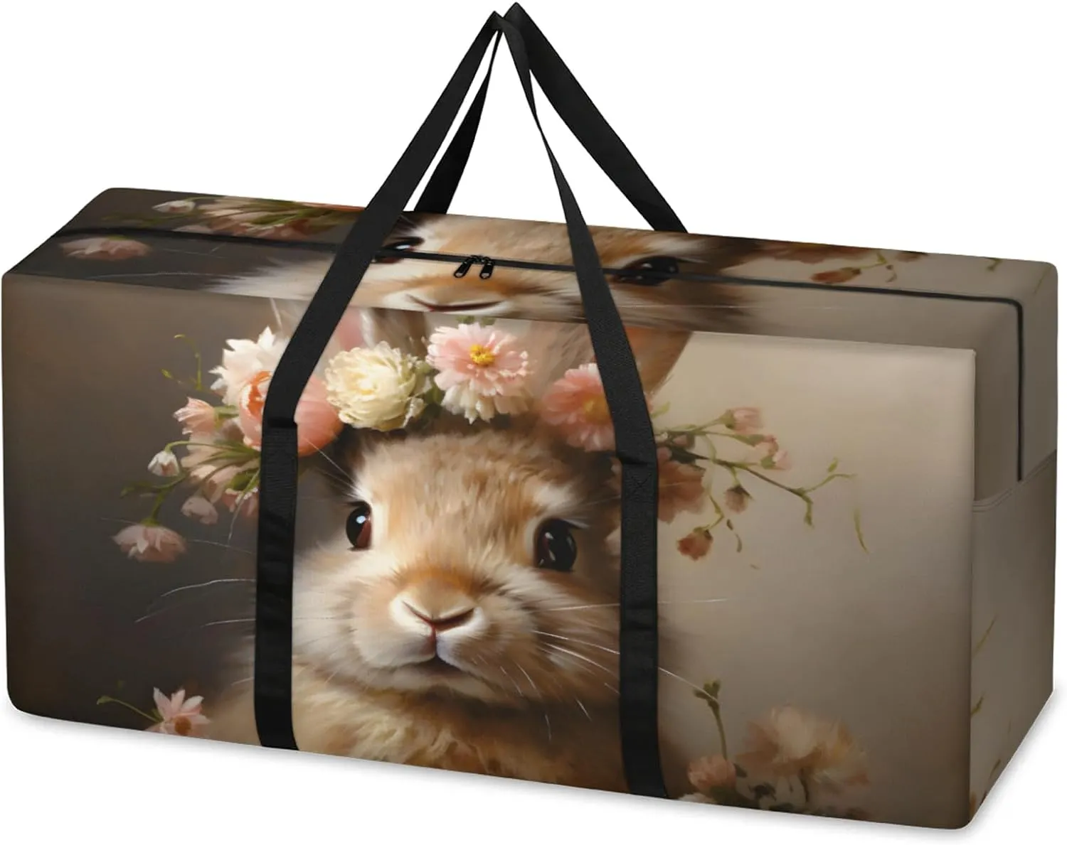 Fantastic Rabbit Extra Large Moving Bags Heavy Duty Storage Bags Flowers Rabbit Cloth Wrap Around Handles Double Zipper Reusable Convenient Foldable Storage Tote for Travel Camping Space Save