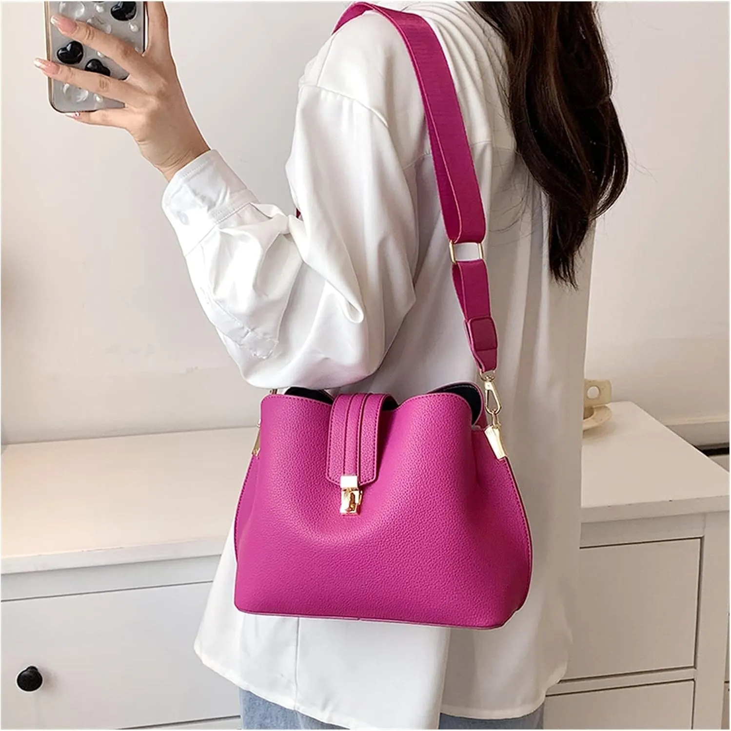 Fashion Bucket Bag Women Bags Luxury Wide Strap Crossbody Bag Pu Leather Totes Bag