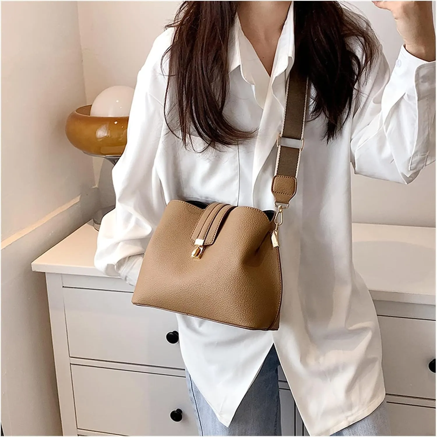 Fashion Bucket Bag Women Bags Luxury Wide Strap Crossbody Bag Pu Leather Totes Bag