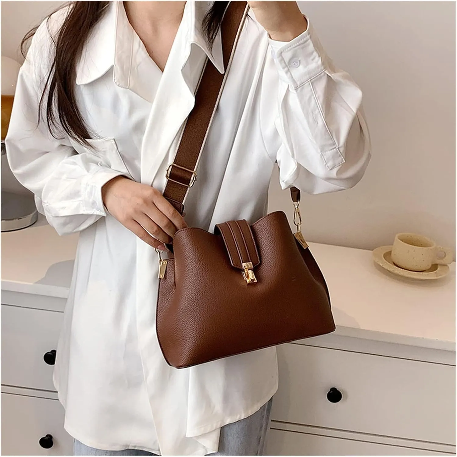 Fashion Bucket Bag Women Bags Luxury Wide Strap Crossbody Bag Pu Leather Totes Bag