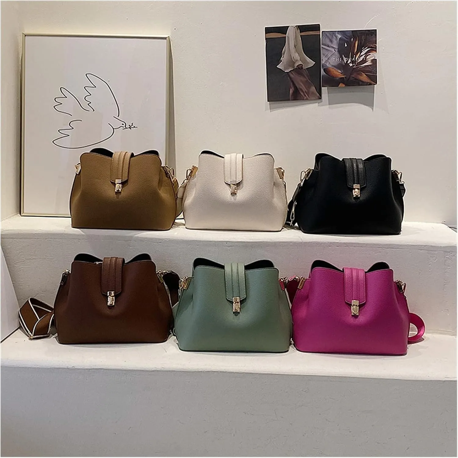 Fashion Bucket Bag Women Bags Luxury Wide Strap Crossbody Bag Pu Leather Totes Bag