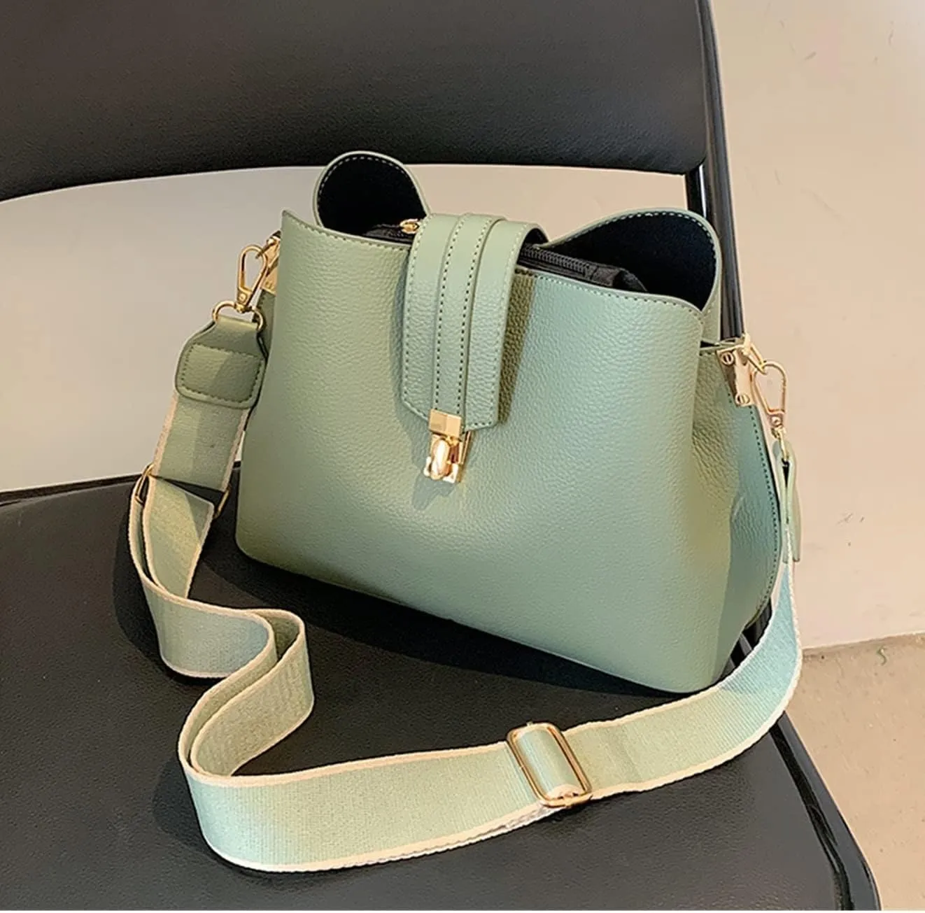 Fashion Bucket Bag Women Bags Luxury Wide Strap Crossbody Bag Pu Leather Totes Bag