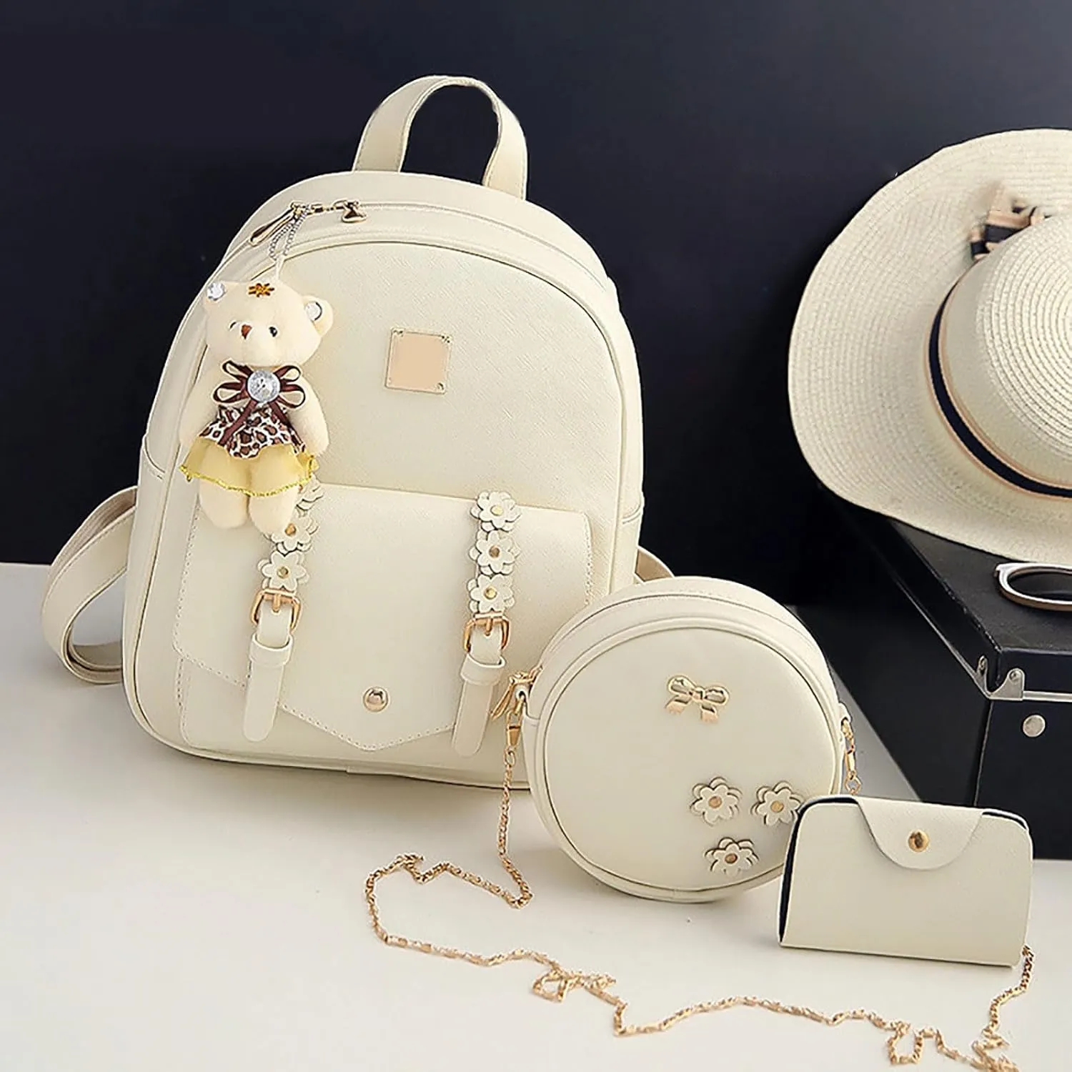 Fashion Children Women Floral Style Travel Backpack Crossbody Bag Card Bag 3Pieces Set Handbag Men