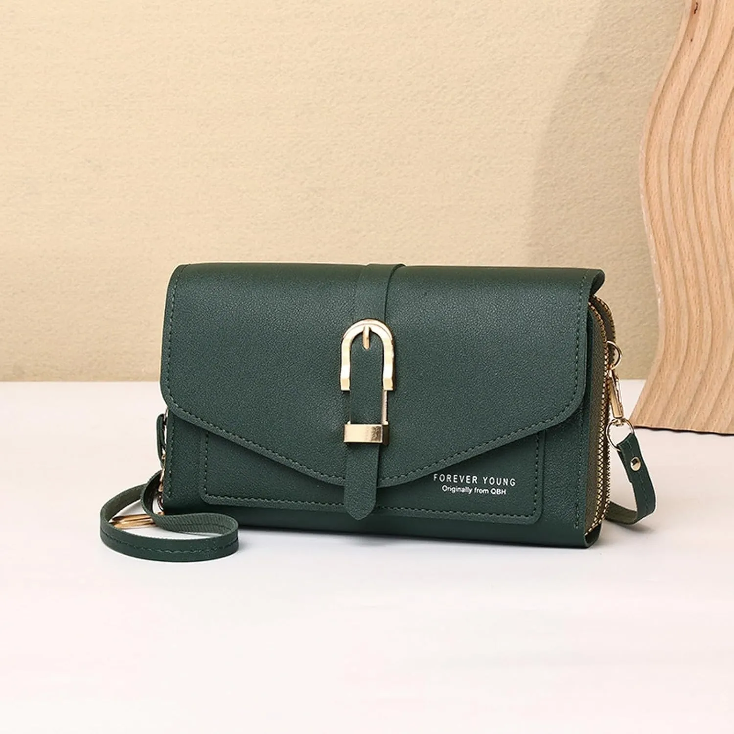 Fashion Classic Women's Mobile Phone Bags Snap Button Hood One Shoulder Double Layer Wallet Crossbody (Green, One Size)