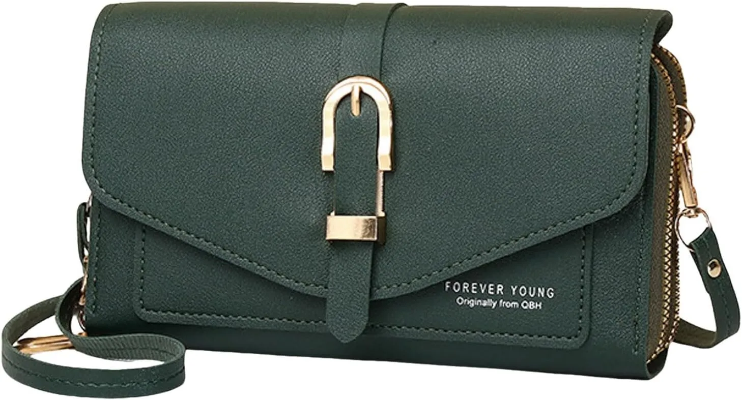 Fashion Classic Women's Mobile Phone Bags Snap Button Hood One Shoulder Double Layer Wallet Crossbody (Green, One Size)