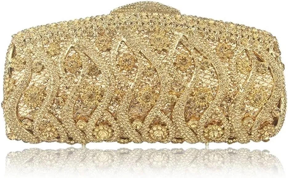 Flower Hollow Out Peach Crystal Rhinestone Evening Clutch Bag Wedding Bridal Metal Handbag Clutches