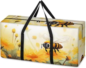 Flowers Bee Extra Large Moving Bags Heavy Duty Storage Bags Abstract Bee Cloth Wrap Around Handles Double Zipper Reusable Convenient Foldable Storage Tote for Travel Camping Space Save