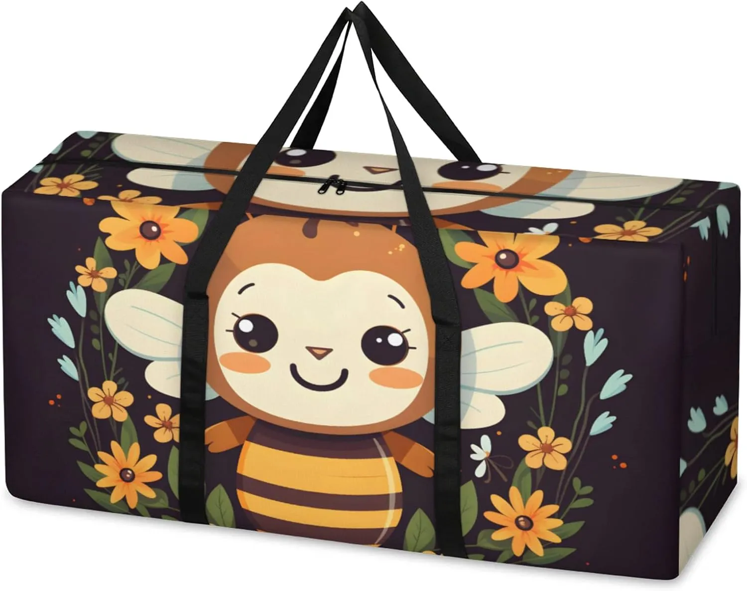 Flowers Bee Extra Large Moving Bags Heavy Duty Storage Bags Cloth Wrap Around Handles Double Zipper Reusable Convenient Foldable Storage Tote for Travel Camping Space Save