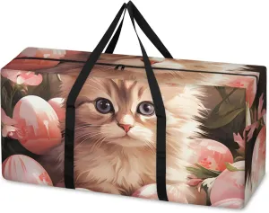 Flowers Cat Extra Large Moving Bags Heavy Duty Storage Bags Cute Cat Cloth Wrap Around Handles Double Zipper Reusable Convenient Foldable Storage Tote for Travel Camping Space Save