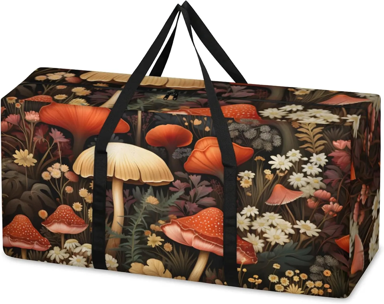 Flowers Mushrooms Extra Large Moving Bags Heavy Duty Storage Bags Mystical Mushrooms Cloth Wrap Around Handles Double Zipper Reusable Convenient Foldable Storage Tote for Travel Camping Space Save