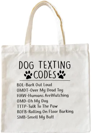 Funny Dog Canvas Tote Bags for Women, Dog Gifts for Women, Dog Mom Gifts, Dog Lover Gifts, Funny Dog Gifts, Dog Texting Codes Tote Bag, Reusable Grocery Bags Shopping Bags, White