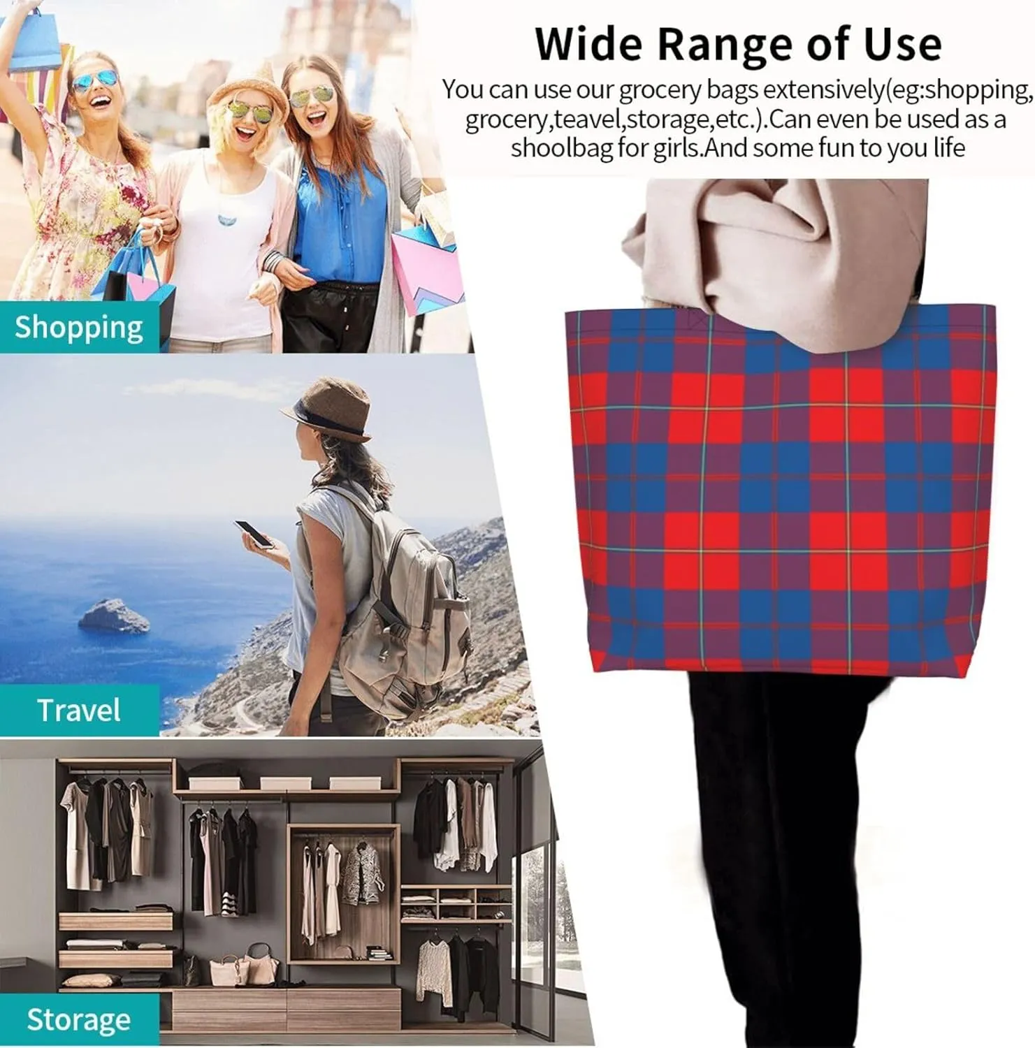 Georgia Tartan Tote Bag For Women Weekender Travel Bag Reusable Grocery Bags Large Totes Handbags