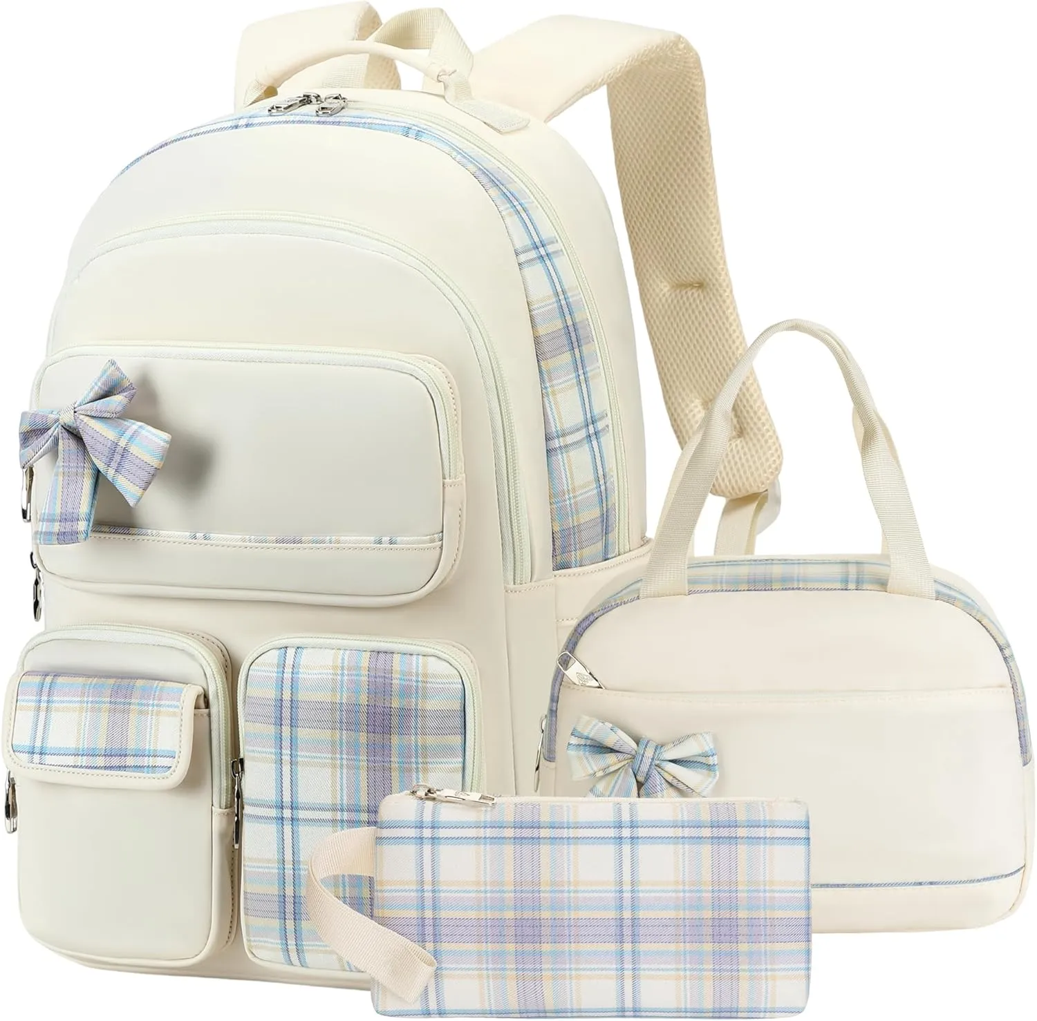 Girls Backpack,3pcs Backpacks with Lunch Box Pencil Case Set 15.6 Inch Laptop School Bag Kids Kindergarten Elementary College Bags Large Bookbag for Teen Women Students Casual Travel Daypacks Beige