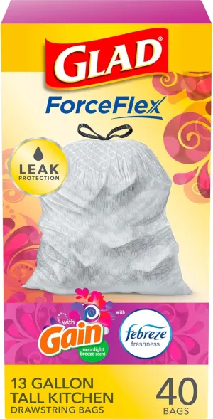 Glad Tall Kitchen Quick-Tie Trash Bags, OdorShield 13 Gallon White Trash Bag, Gain Moonlight Breeze with Febreze Freshness, 40 Count (Package May Vary)