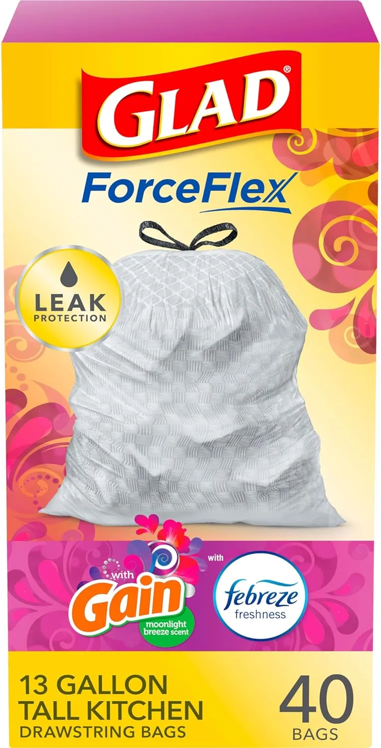 Glad Tall Kitchen Quick-Tie Trash Bags, OdorShield 13 Gallon White Trash Bag, Gain Moonlight Breeze with Febreze Freshness, 40 Count (Package May Vary)