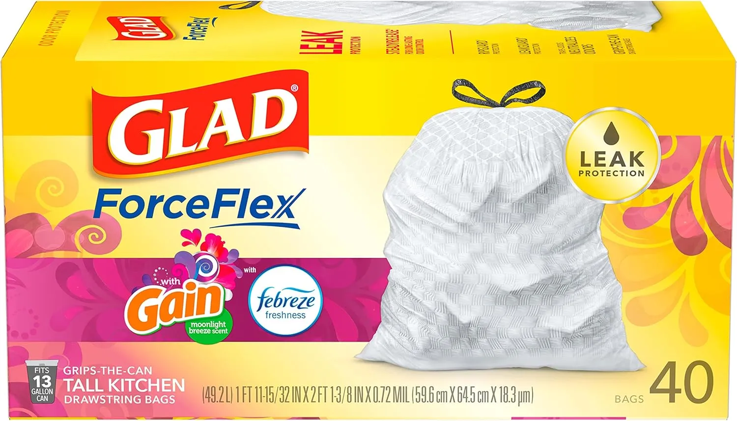 Glad Tall Kitchen Quick-Tie Trash Bags, OdorShield 13 Gallon White Trash Bag, Gain Moonlight Breeze with Febreze Freshness, 40 Count (Package May Vary)