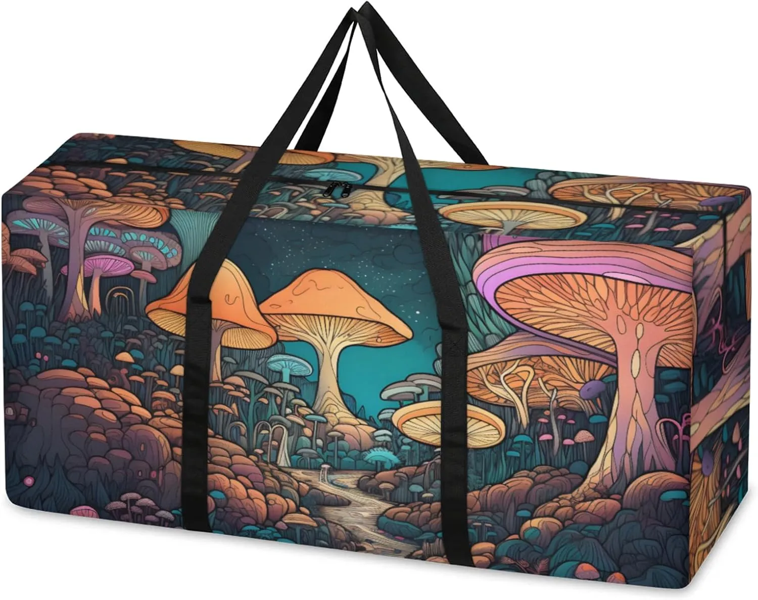 Glowing Mushrooms Extra Large Moving Bags Heavy Duty Storage Bags Watercolor Mushrooms Cloth Wrap Around Handles Double Zipper Reusable Convenient Foldable Storage Tote for Travel Camping Space Save