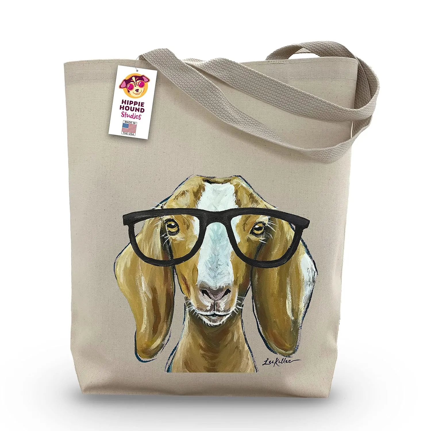 Goat Tote Bag - Goat with Glasses - Goat Lover Gift - Goat Gifts For Women -Handmade Totes - Hippie Hound Studios Canvas Totes - Cute Goat Reusable Shopping Bag - Grocery Bag - Beach Bag