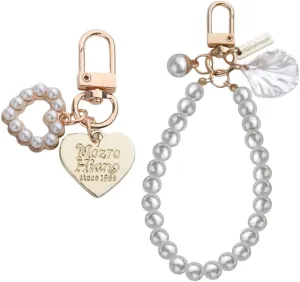 Gold Pearl Keychain Wristlet for Women Pearl Heart Purse Charms for Handbags Bag Accessories Pearl Key Chain Lanyard for Car Keys Holder Cute Seashell Keychains for Wallet Lanyards for Women 2Pcs