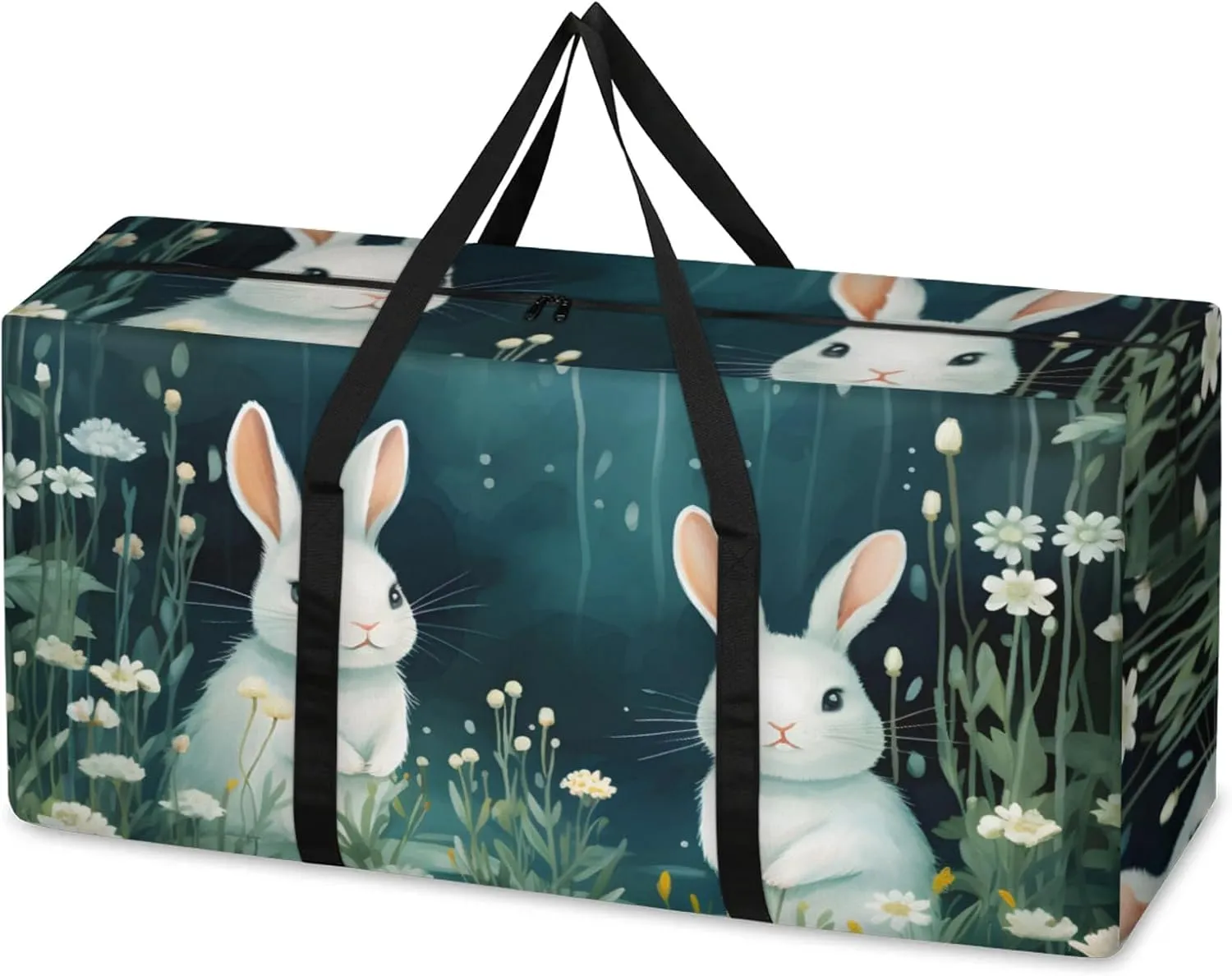 Graffiti Bunny Extra Large Moving Bags Heavy Duty Storage Bags Flowers Rabbit Cloth Wrap Around Handles Double Zipper Reusable Convenient Foldable Storage Tote for Travel Camping Space Save