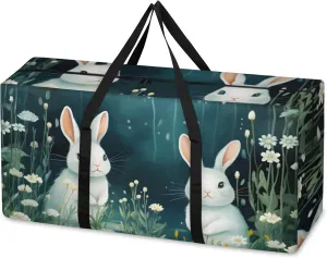 Graffiti Bunny Extra Large Moving Bags Heavy Duty Storage Bags Flowers Rabbit Cloth Wrap Around Handles Double Zipper Reusable Convenient Foldable Storage Tote for Travel Camping Space Save