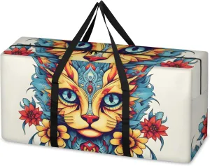 Graffiti Cat Extra Large Moving Bags Heavy Duty Storage Bags Flowers Cat Cloth Wrap Around Handles Double Zipper Reusable Convenient Foldable Storage Tote for Travel Camping Space Save