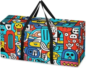 Graffiti Extra Large Moving Bags Heavy Duty Storage Bags Fantastic Geometry Cloth Wrap Around Handles Double Zipper Reusable Convenient Foldable Storage Tote for Travel Camping Space Save
