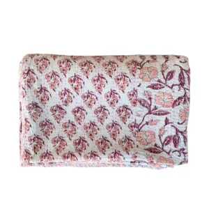 Hand Block Indian Lt Coral Patchwork Cotton Kantha Quilt Bedspread