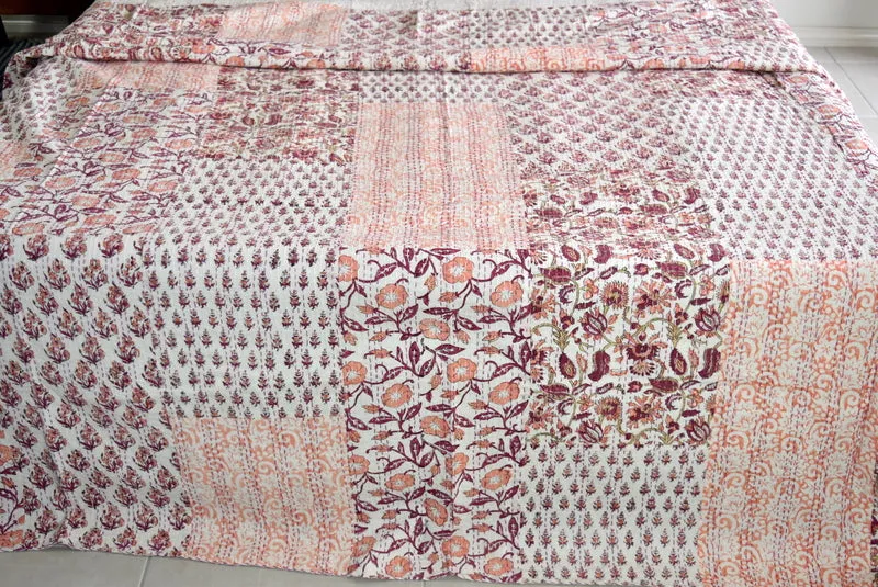 Hand Block Indian Lt Coral Patchwork Cotton Kantha Quilt Bedspread