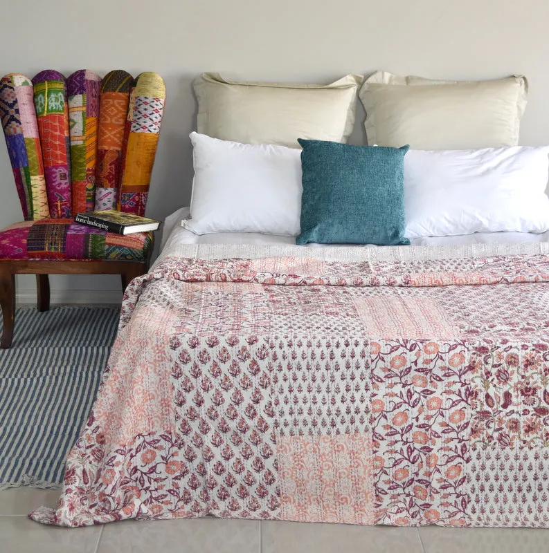 Hand Block Indian Lt Coral Patchwork Cotton Kantha Quilt Bedspread