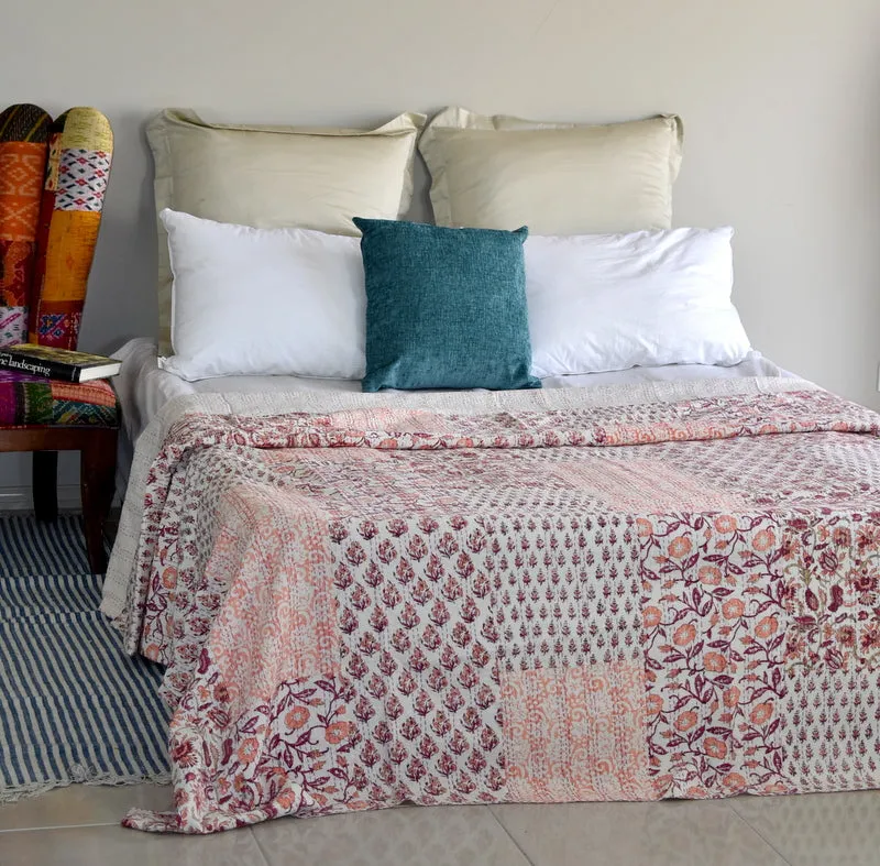 Hand Block Indian Lt Coral Patchwork Cotton Kantha Quilt Bedspread