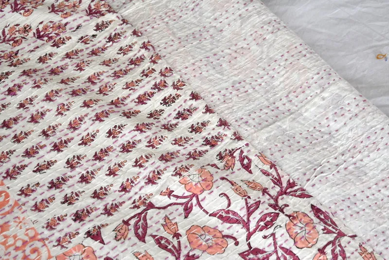 Hand Block Indian Lt Coral Patchwork Cotton Kantha Quilt Bedspread