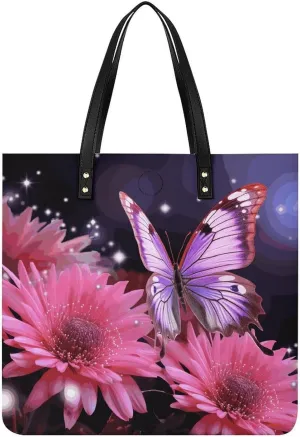 Handbags for WomenFlower Purple ButterflyTrendy Vegan Leather Hobo Handbags,Women's Soft Bucket Bag For Women - Ladies Handbags For Work, Travel, Casual Use,Birthday Gifts