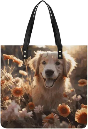 Handbags for WomenGolden Retriever And FlowersTrendy Vegan Leather Hobo Handbags,Women's Soft Bucket Bag For Women - Ladies Handbags For Work, Travel, Casual Use,Birthday Gifts
